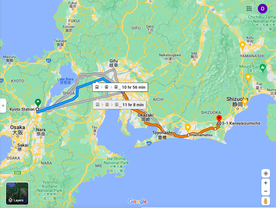Map from Kyoto to Oigawa Kudzu-fu Weaving Studio